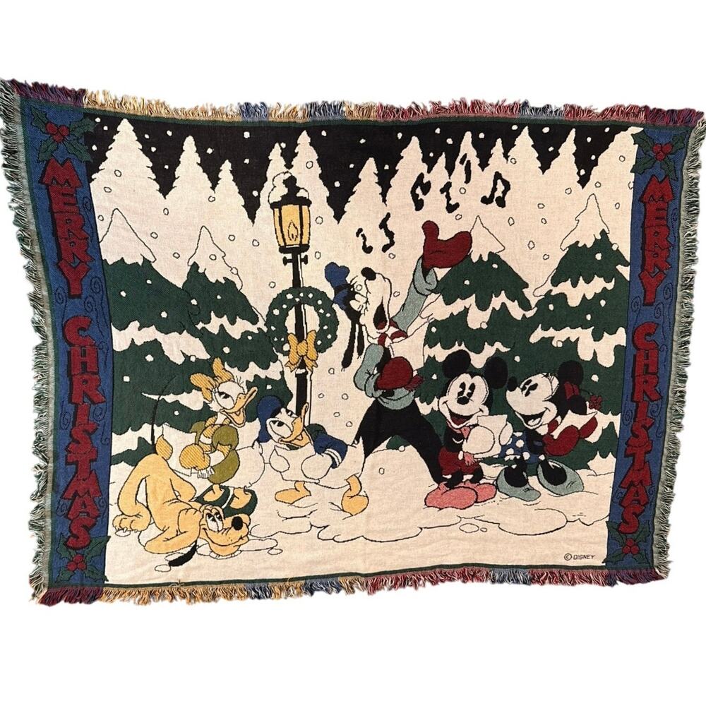 Vintage Disney Mickey & Co Christmas Woven Tapestry Blanket Throw Made in USA